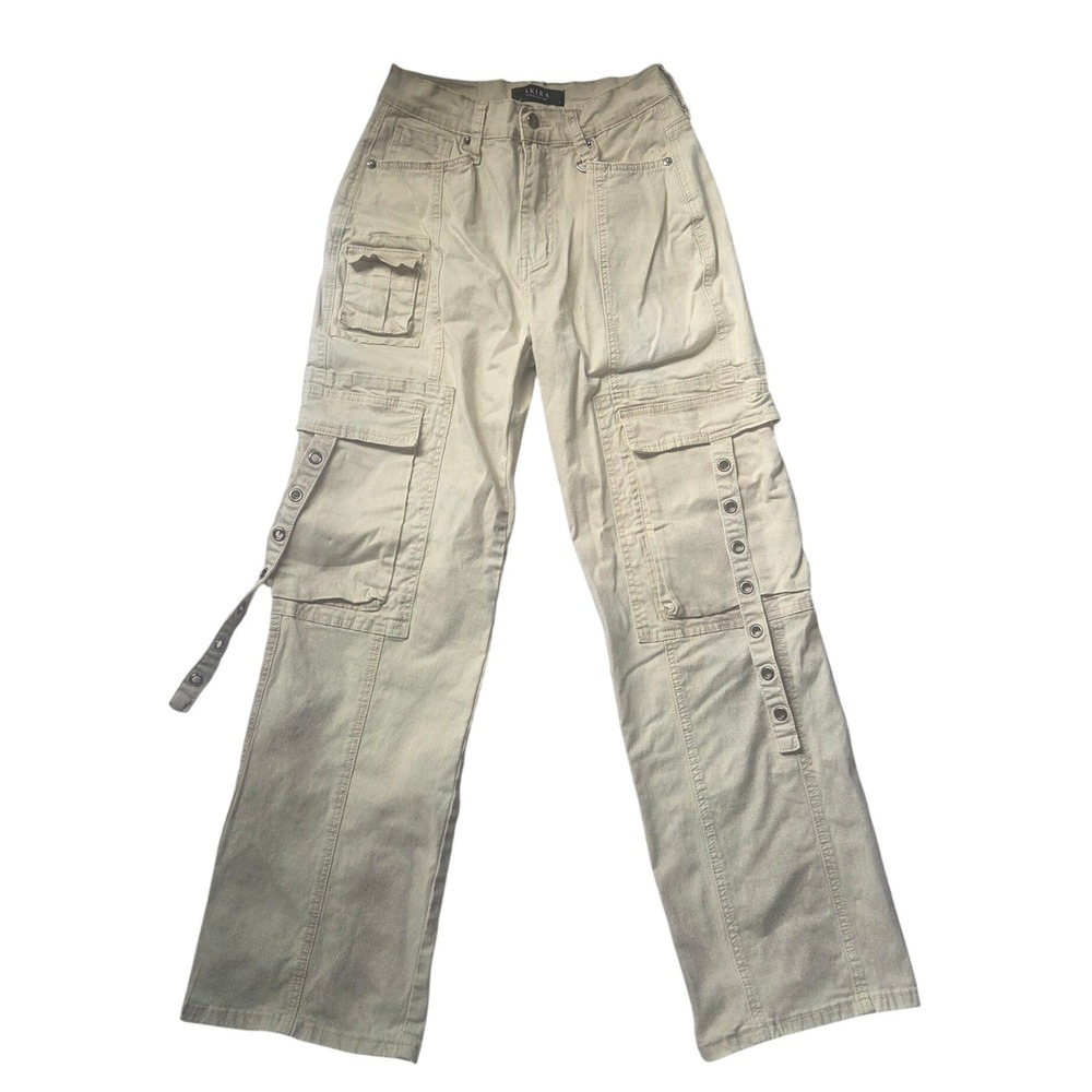 Akira Tan Khaki Wide Leg Cargo Pants Grommet Straps Utility Y2K Streetwear